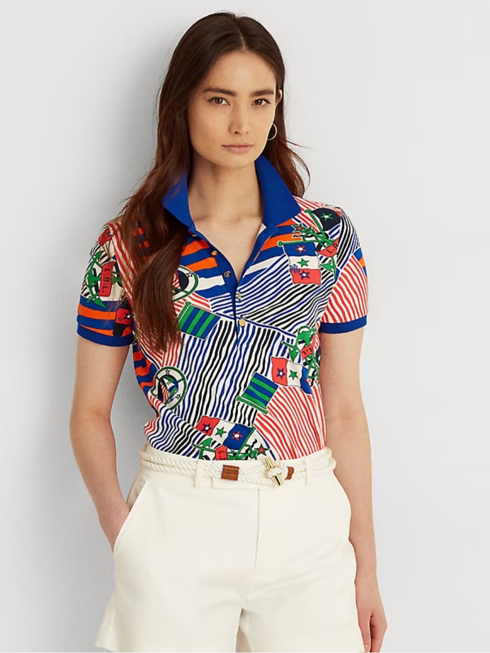 Lauren Ralph Lauren‎ Print Piqué Polo Shirt Preppy Nautical Size Medium Flag